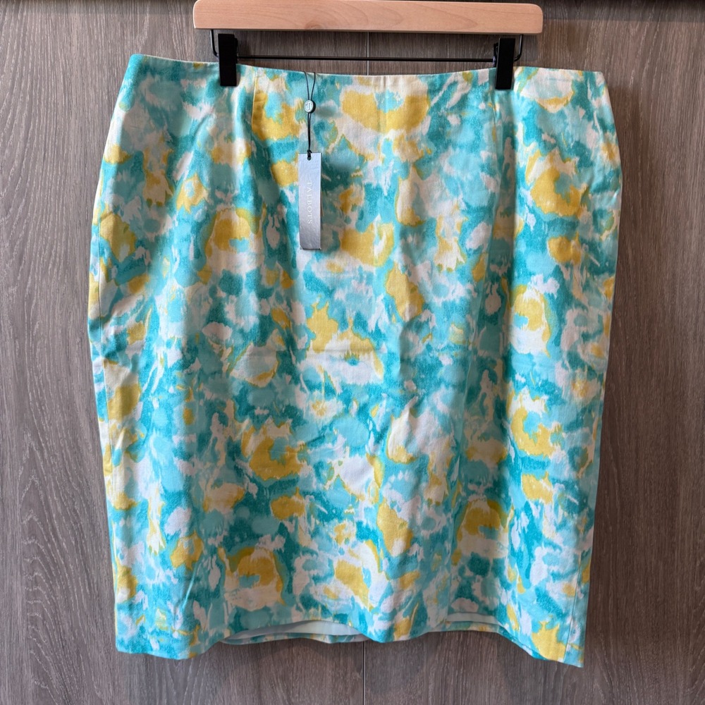 Talbots Pencil Skirt Womens 18W Blue Yellow Watercolor Floral Abstract NWT